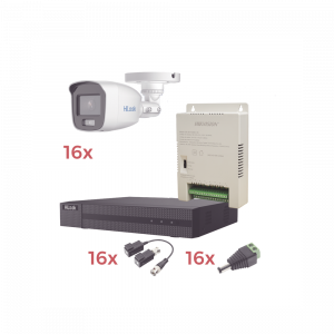 Kit TurboHD 1080p Lite / DVR 16 Canales / 16 Cámaras Bala Exterior ( 2.8mm) con ColorVu + Micrófono Integado / Transceptores / Conectores / Fuente de Poder Profesional