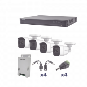KIT TurboHD 1080p / DVR 4 Canales / 4 Cámaras Bala Policarbonato con Audio Integrado (exterior 2.8 mm) / Transceptores / Conectores / Fuente de Poder Profesional