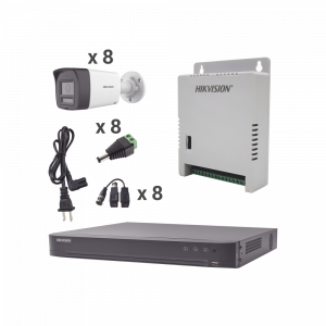 Kit Audio Bidireccional TurboHD 4K-3K / DVR 8 Canales 4K / 8 Cámaras Bala (Exterior) con Bocina y Microfóno Integrado 3K / 1 Fuentes de Poder / Accesorios