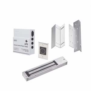 Kit para control de acceso incluye Fuente de 12VCD con respaldo de batería/ Chapa magnética de 600Lbs / Montajes L y Z / Botón de salida