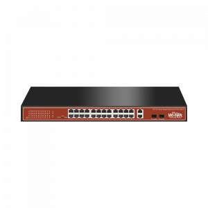 Switch PoE (802.3af/at/bt) / No administrable de largo alcance / Hasta 250m / Con 24 x 10/100Mbps + 2 x SFP Gigabit Combo / 250 W