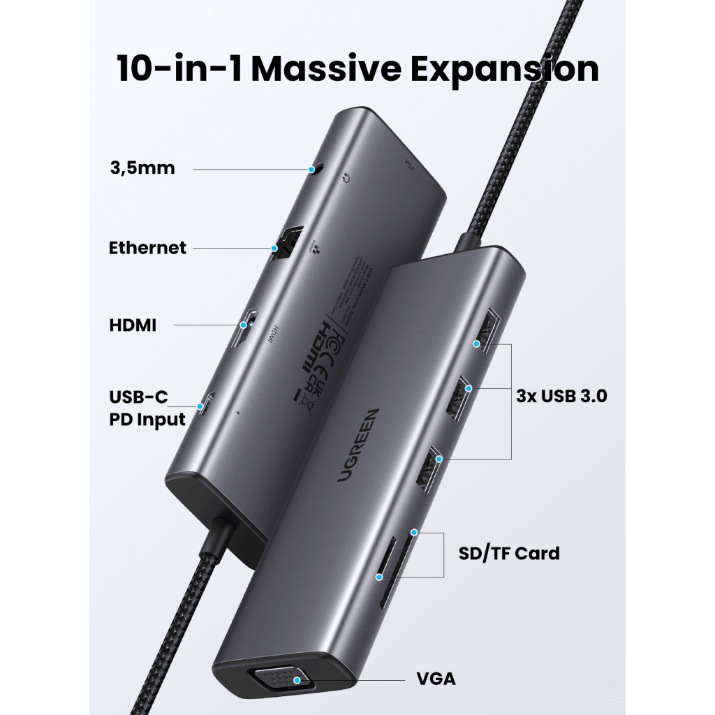 Hub USB-C 10 en 1 / HDMI 4K@30Hz + VGA 1920x1200 / 3x USB 3.0 5Gbps / Ethernet Gigabit / SD/TF Card Reader / PD 100W / Audio 3.5mm / Doble Pantalla Simultánea / Plug & Play Universal - Imagen 2