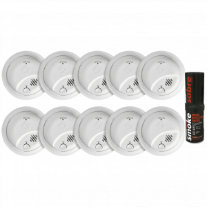 Kit de 10 Detectores de Humo Autónomos FIRST ALERT por Ionización / Alarma 85 dB / Botón Prueba y Silencio / Probador SABRE SDI