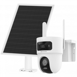 Kit Solar IP All in One Doble Lente / AOV / PT IP 4 Megapixel Lente 4 mm / Fijo 4 Megapixel Lente 2.8 mm / Panel Solar + Batería de Respaldo de Litio (9000 mAh) / Conexión 4G / Audio de Dos Vías / Dual Light / IP66 / Micro SD